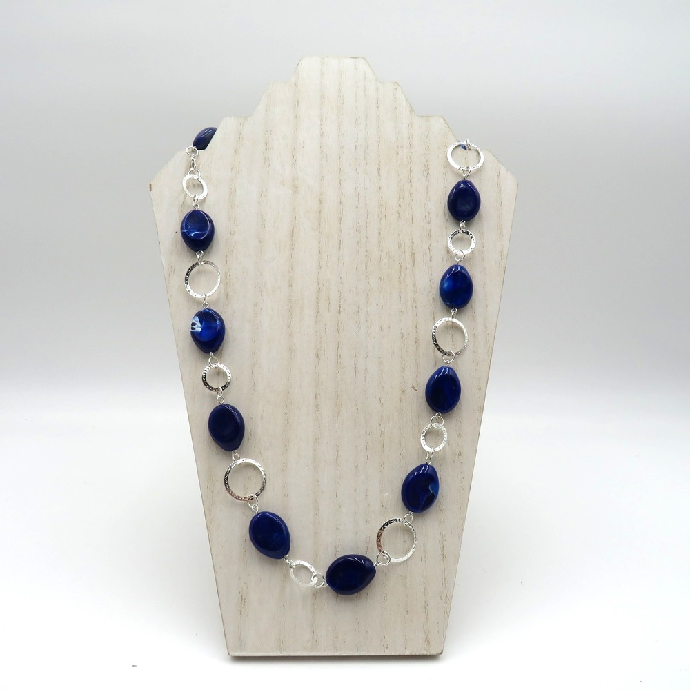 Blue Statement‎ Necklace Silver Tone Hammered Rings Beaded Fashion 26 in